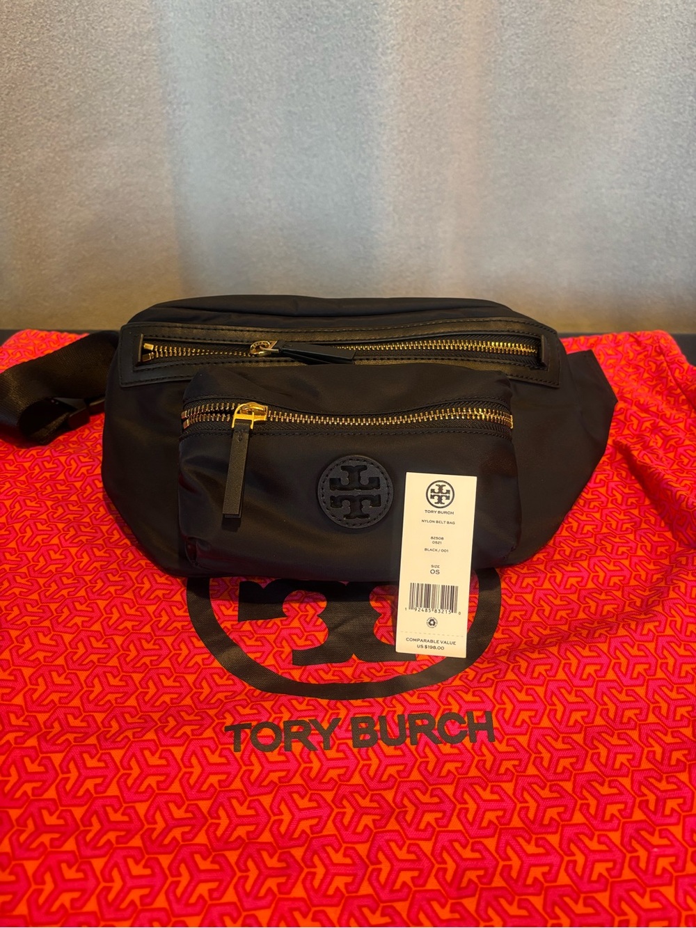 Tory Burch Black Gold tone Nylon Belt Bag Fanny Pack sling w/original price tag